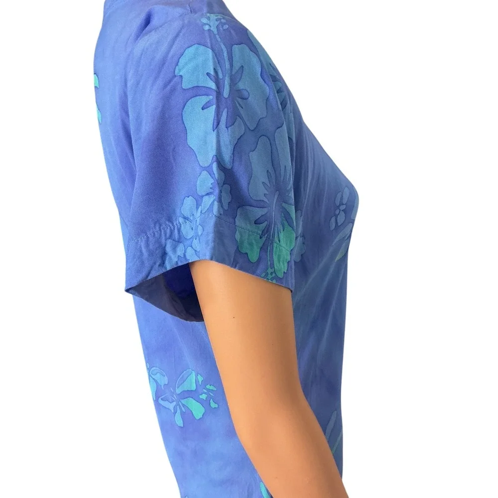 Tropical Tantrum Blue Hawaiian Floral Print Dress V Neck ShortSleeve Casual Mumu - Picture 5 of 16